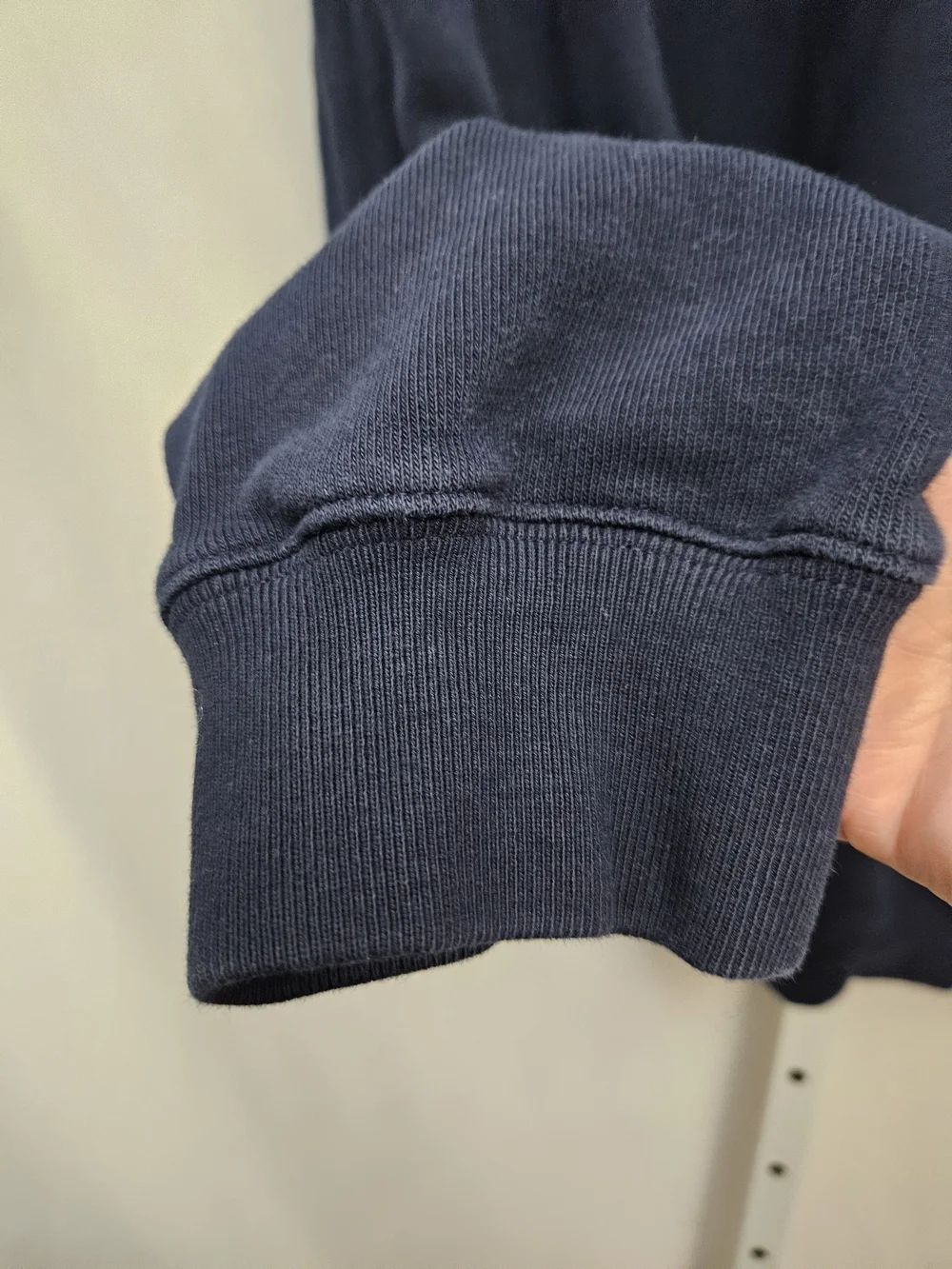 Lacoste Navy Pullover Hoodie with Red and White Shoulder Stripes